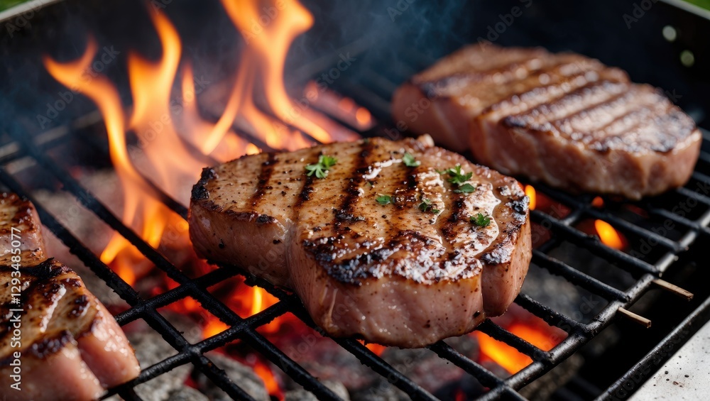 Aufkleber pork steaks grilled over open flames creating delicious char marks with space for cooking tips or re