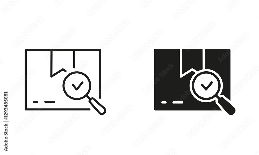 Poster carton box with checkmark and magnifier. checked parcel line and silhouette icon set. delivery servi