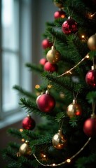 Fototapeta premium Christmas tree decorated with ornaments and lights, holiday cheer, colorful ornaments, festive lights