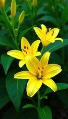 Fototapeta premium Lush green foliage with bright yellow lily blooms, la hybrida, blooming