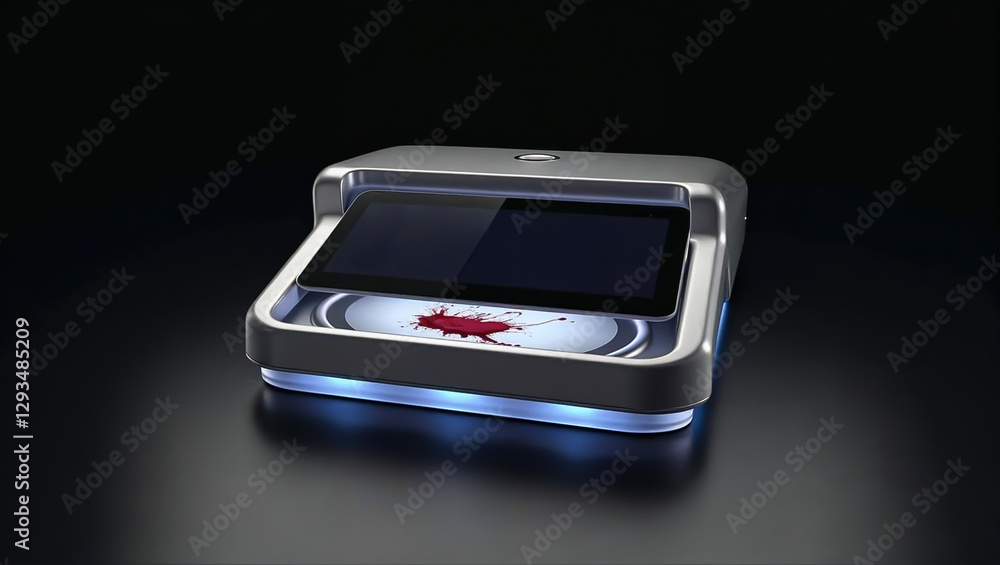Poster high-tech blood analysis device showcases results on its screen while illuminated by led lights. the