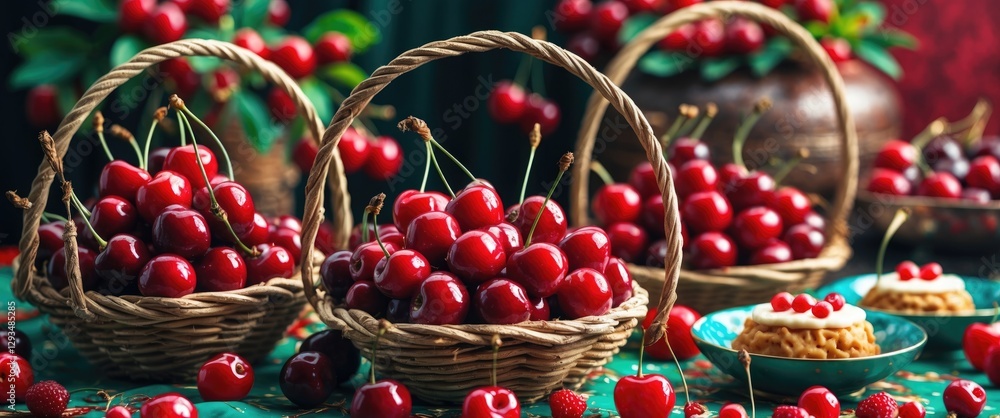 Poster baskets of fresh red cherries on decorative table set for outing with sweet treats and empty space f