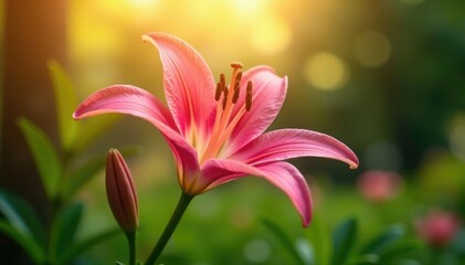 Fototapeta premium Pink lily flower sways gently in the sun's rays, nature, bloom