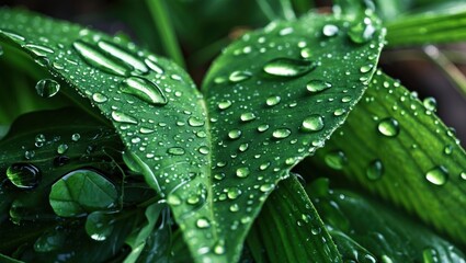 Water droplets glistening on vibrant green plant leaves showcasing nature's beauty and freshness in a lush garden setting.