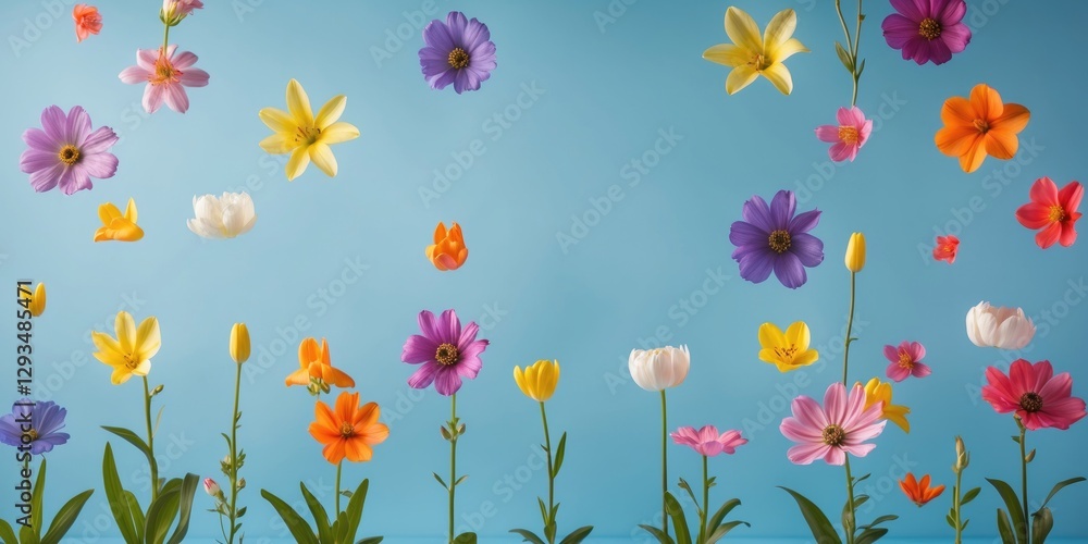 Poster colorful spring flowers displayed against a soft blue background with ample space for text and creat