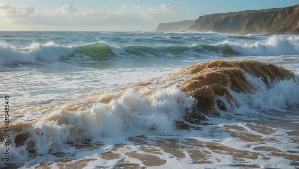 Poster ocean waves crashing on shore with foamy water and scenic cliffs in background ideal for text overla