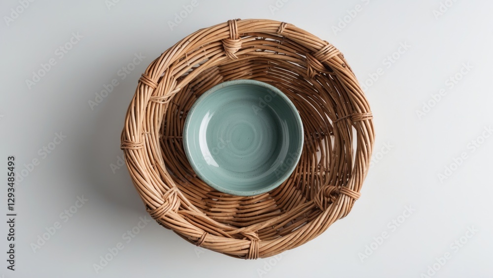 Poster wicker basket with ceramic bowl from top view isolated on white background creative mock-up for text