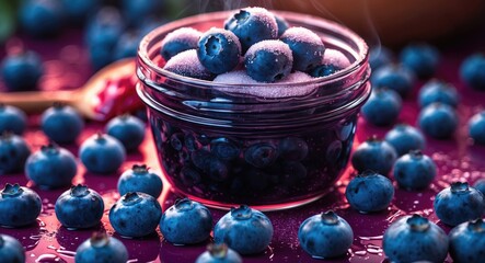 Cooking preparation of blueberry jam with fresh blueberries and sugar in a jar surrounded by additional blueberries on a vibrant surface.