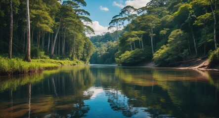 Serene Rainforest Landscape with Tranquil River Reflections on a Sunny Day Emphasizing Water Conservation and Ecological Beauty.