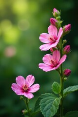 Pink mallow flowers in the background with lush greenery, botanical, blooming flowers