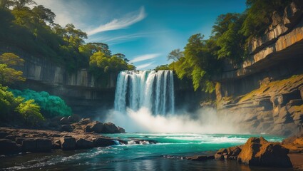 Obraz premium Majestic Rainbow Falls cascading into serene turquoise waters surrounded by lush greenery under a clear blue sky.