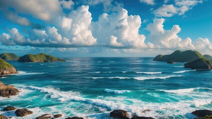 Fototapeta premium Tropical seascape with waves, islands and dramatic clouds under a blue sky showcasing vibrant ocean colors and serene natural beauty.