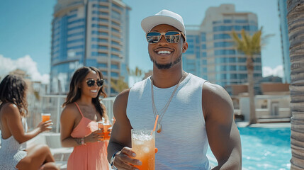 Poolside party with friends: Enjoying cocktails under sunny skies and clear blue skies, celebrating friendship and good times together.