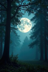 Naklejka premium Full moon shining through misty forest canopy with tree branches, mist, light, foliage