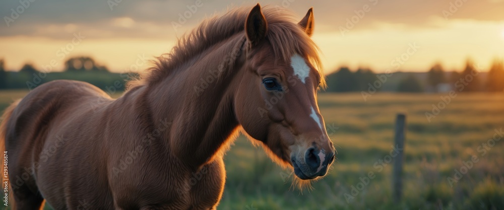 Aufkleber wild pony portrait in soft evening light with open space for text in tranquil countryside setting