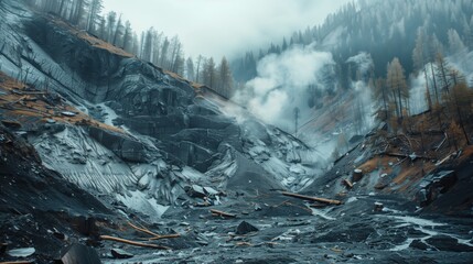 Landslide. Mountain landslide in ecologically dangerous zone. Large cracks in the ground, collapse of large layers of earth blocking the road. Deadly danger of the dam at the foot of the landslide slo