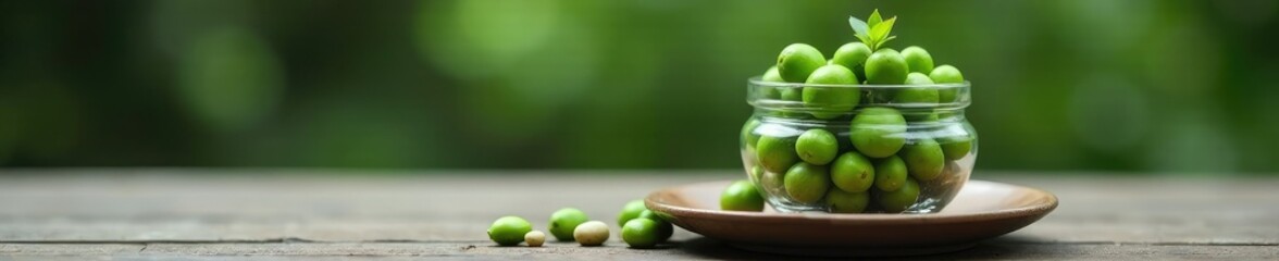 Obraz premium Green buds in a glass jar with a saucer and pebbles, nature, simple, saucer