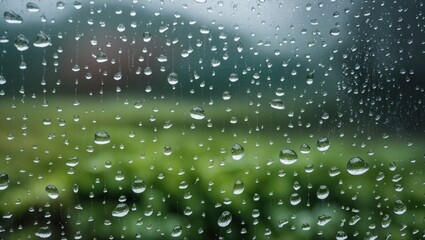 Raindrops on a windowpane with a blurred green landscape in the background capturing the essence of a rainy day atmosphere.