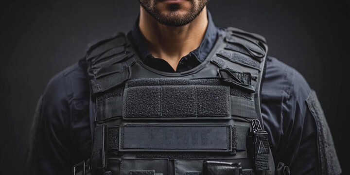 Police uniform fighter wearing a bulletproof vest in a controlled environment. Header banner mockup with copy space.
