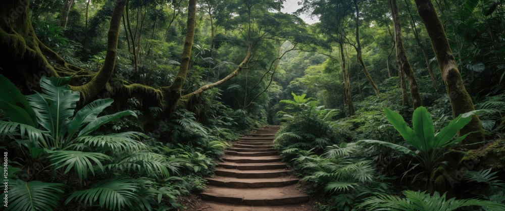 Poster lush green rainforest pathway surrounded by dense foliage with clear space for text overlay in a tra