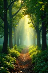 Obraz premium Misty morning orange grove with dew-kissed leaves, early morning light, forest