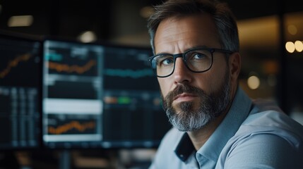 Focused Businessman Analyzing Financial Data in a Modern Office Environment with Screens Displaying Stock Market Trends and Charts