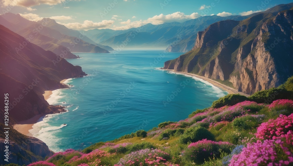 Aufkleber scenic coastal view from mountains with vibrant flora and empty space for text and graphics