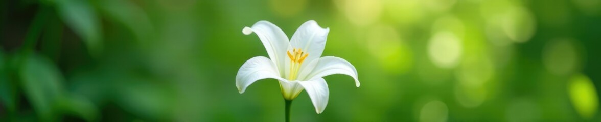 Obraz premium Pure white lily with delicate petals unfolding on a green stem, nature, white, garden