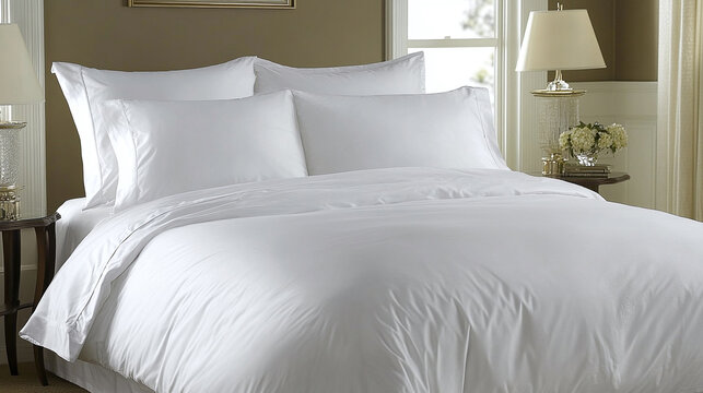 Luxurious white bedding on a made bed, inviting and serene. Neutral-toned room with natural light creates a peaceful ambiance for rest and relaxation.