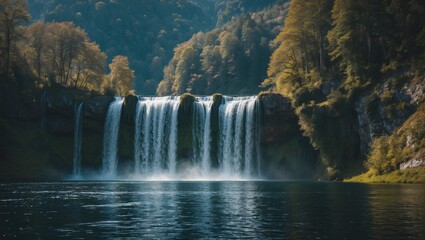 Fototapeta premium Majestic waterfall cascading into a tranquil lake surrounded by vibrant autumn foliage under a serene blue sky.