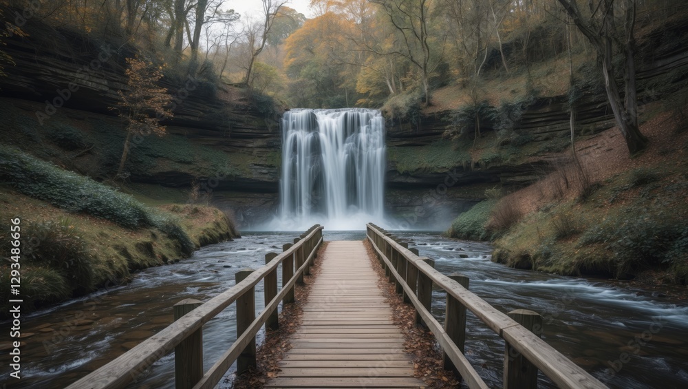 Poster serene waterfall cascading amidst lush greenery inviting walking path with space for text overlay