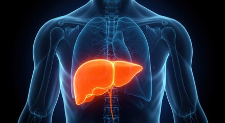 Human Anatomy liver blue glowing x-ray research 3d Medical illustration, liver diseases, liver health