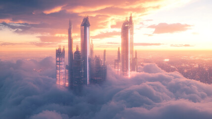 Fototapeta premium Futuristic cityscape above clouds at sunset dramatic pink sky modern architecture art view urban