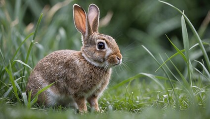 Fototapeta premium Wild Rabbit Sitting In Lush Green Grass Against A Natural Background In A Tranquil Outdoor Setting