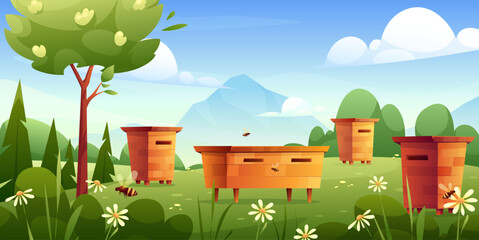 Summer apiary landscape. Vector illustration of bee farm with beehive boxes, meadow, blossom flowers, bees, fields, garden, forest. Summer rural countryside panorama. Wild nature. Sunny spring day 