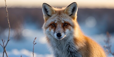Fototapeta premium Arctic Fox Portrait in Tundra with Eyes Focused on Camera Beauty of Polar Wildlife Blank Space for Text