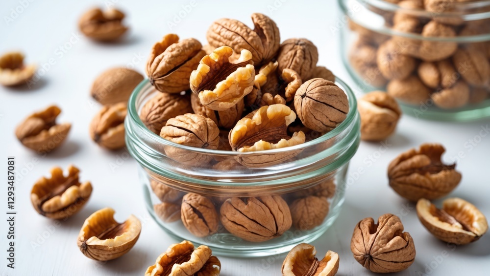 Poster peeled walnuts in glass jar with shells scattered on white background highlighting their nutritious 