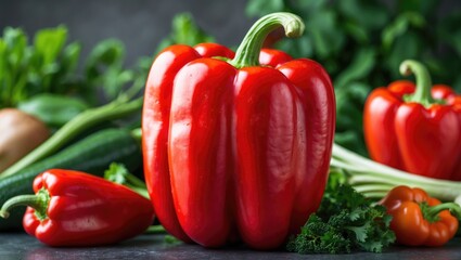 Vibrant red bell peppers surrounded by fresh green vegetables on a dark surface showcasing farm-to-table freshness and healthy eating.