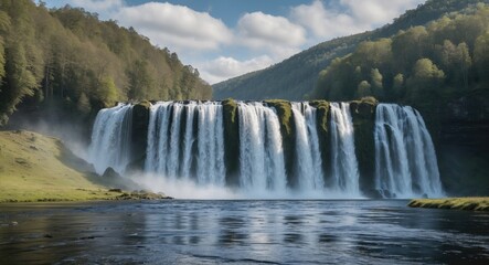 Fototapeta premium Majestic Northern Waterfalls Surrounded by Lush Greenery with Clear Blue Skies and Ample Copy Space for Custom Text