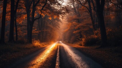 Fototapeta premium Autumn Road Illuminated by Warm Light in a Dark Forest with Vibrant Orange and Brown Leaves