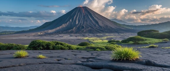 Majestic volcano landscape with lush greenery and dramatic clouds in a serene natural setting ideal for text overlay or travel themes