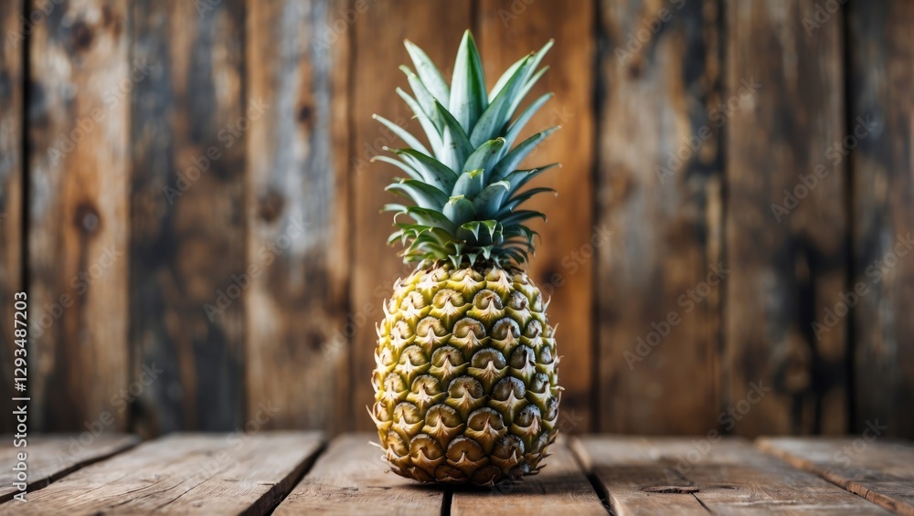 Aufkleber fresh pineapple displayed on rustic wooden table highlighting its texture and colors, ideal for frui