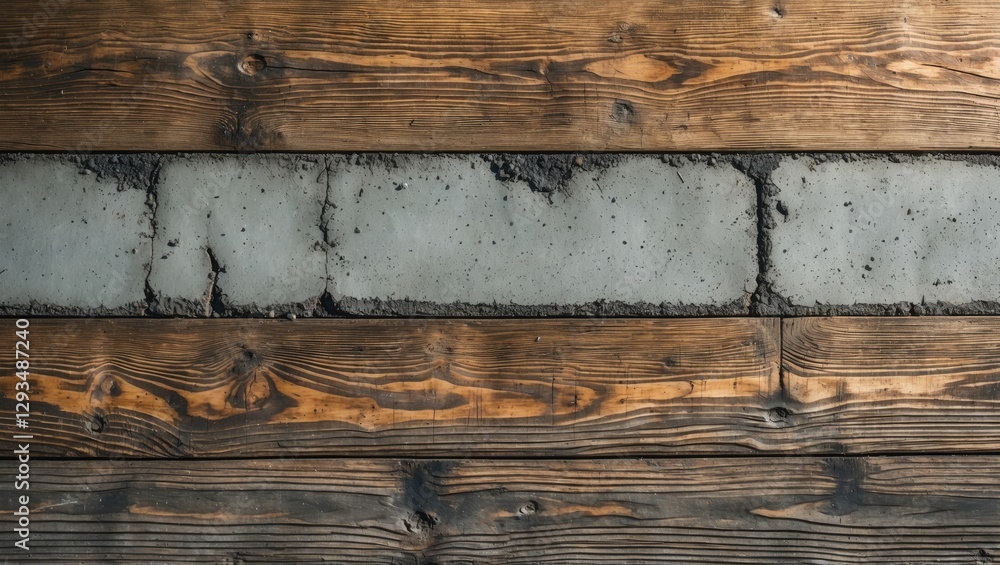 Poster textured background featuring wooden planks interspersed with stained concrete blocks creating a rus