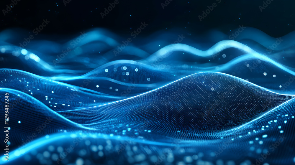 Poster luminous futuristic economic data stream flowing in digital ocean technology visualization abstract 