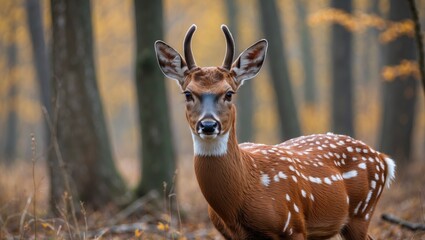 Fototapeta premium Female Red Deer in Autumn Forest Surrounded by Trees with Soft Lighting and Fallen Leaves on the Ground