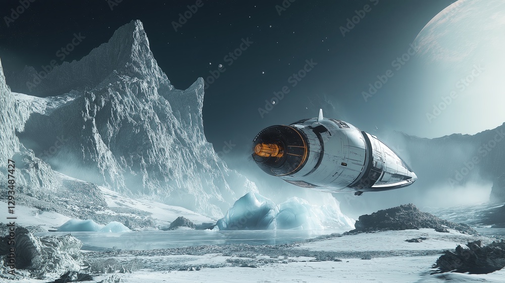 Poster a spaceship landing on an ice-covered exoplanet.
