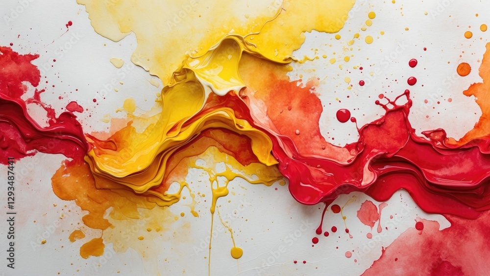 Poster vibrant red and yellow watercolor paint texture with flowing patterns and splatters creating an arti