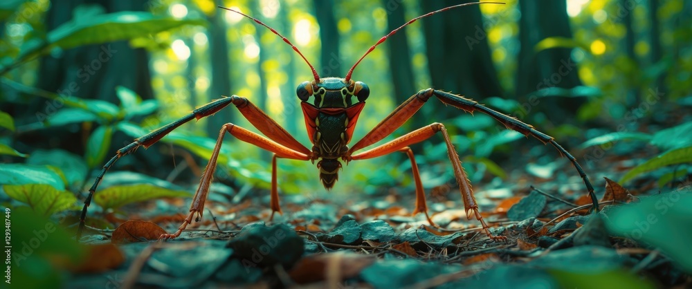 Poster vivid close-up of a walking stick bug showcasing rich colors and intricate details in a lush forest 