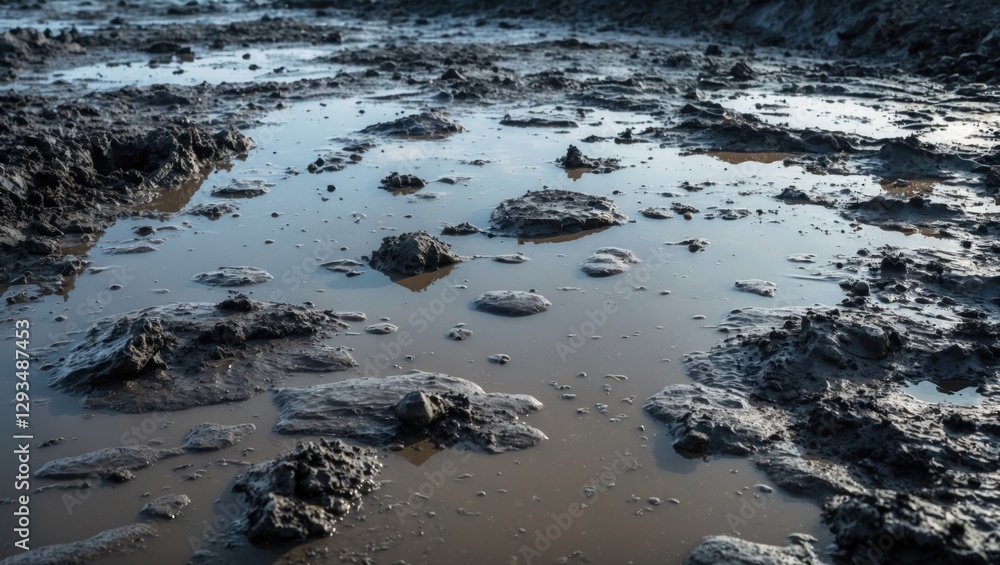 Poster puddle and mud texture with reflective water in an abstract background showcasing nature's raw and u