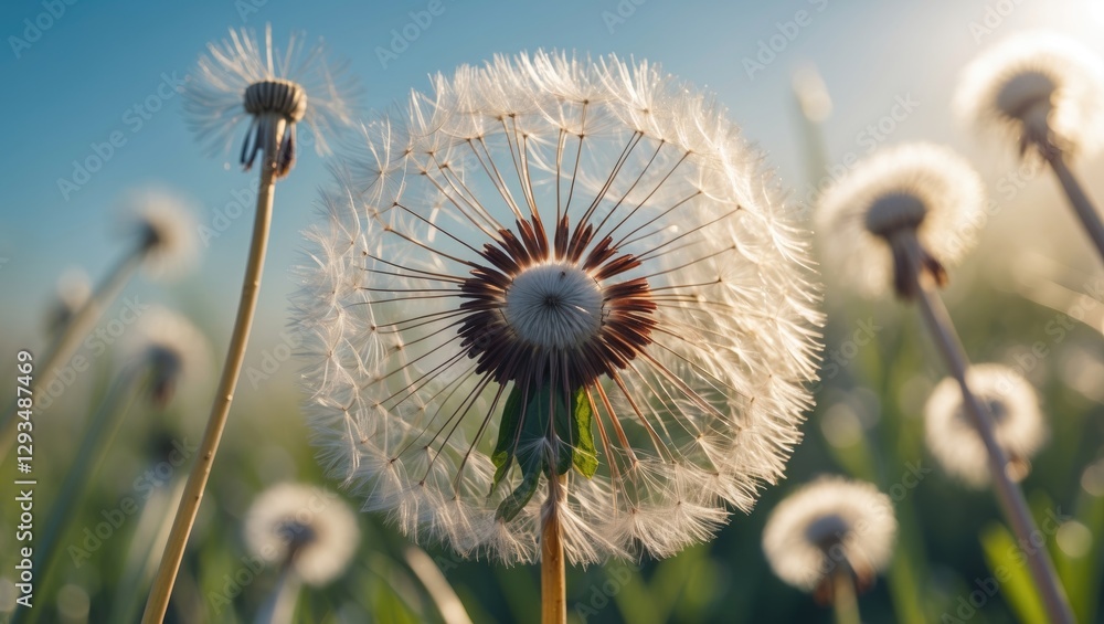 Poster dandelion close-up with fluffy seed heads and soft background featuring empty copy space for text or
